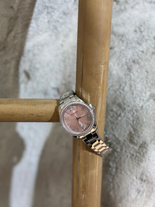 Γυναικείο Στρογγυλό Ρολόι Δίχρωμο με Ροζ Καντράν & Στρας