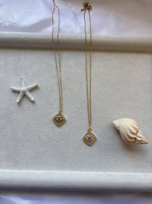 Χρυσά Κολιέ με Μάτι και Πλεκτή Υφή