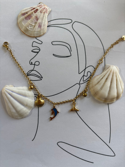 Βραχιόλι Μύκονος με Γούρια Κοχύλι, Δελφίνι & Φάλαινα - Ατσάλινο | Pnoe Studio