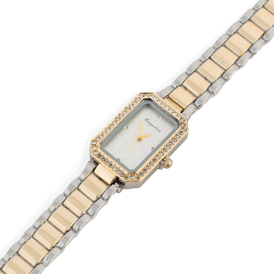 Γυναικείο Παραλληλόγραμμο Ρολόι Δίχρωμο με Λευκό Καντράν & Στρας is