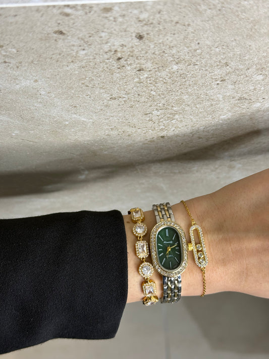Γυναικείο Οβάλ Ρολόι Δίχρωμο με Πράσινο Καντράν & Στρας