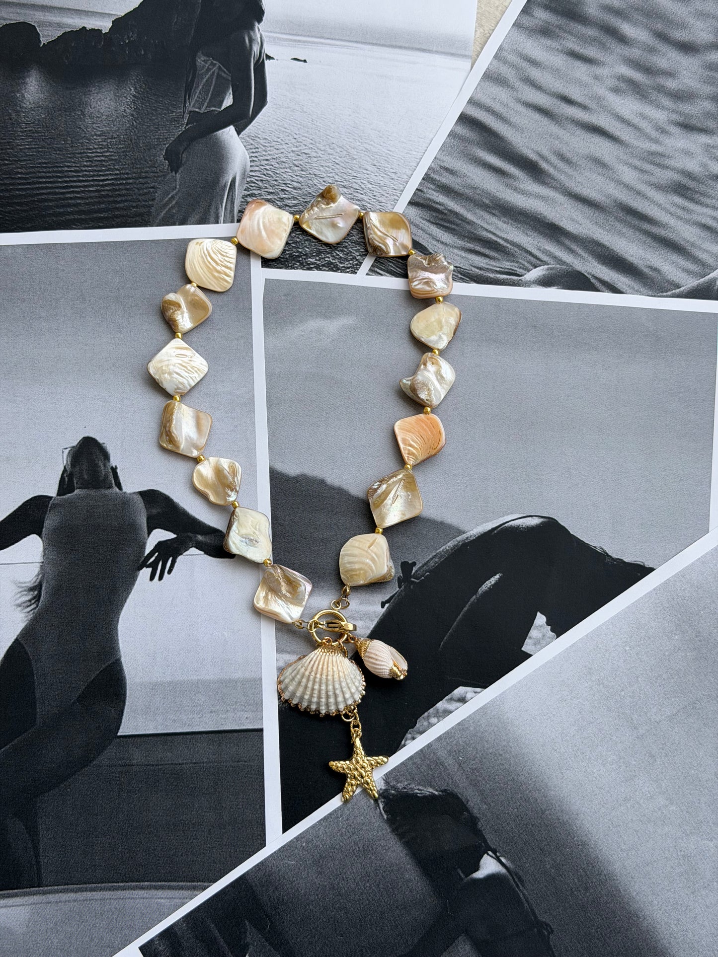 ALESSANDRA 🐚 Ατσάλινο κολιέ με ιριδίζουσες χάντρες, κοχύλια και αστερία