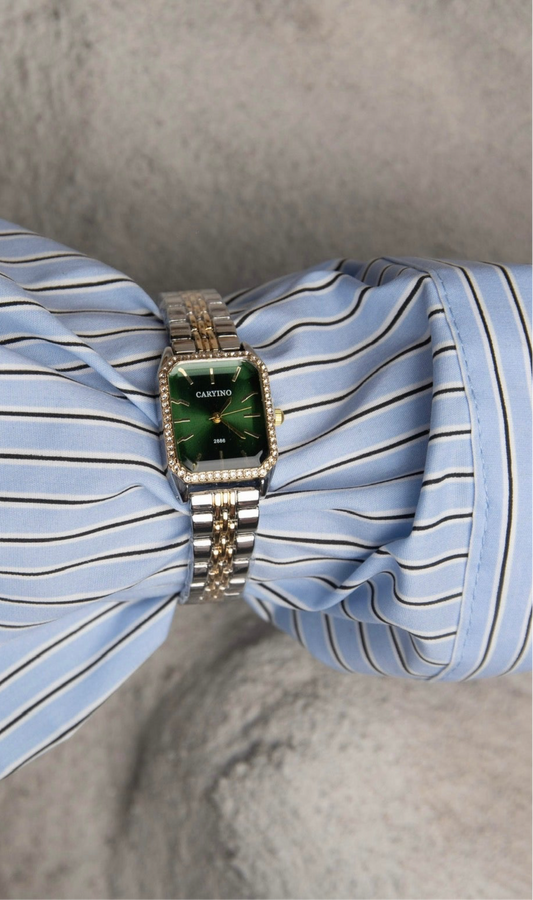 Viral Γυναικείο Ρολόι με Πράσινο Τετράγωνο Καντράν και Χρυσό-Ασημί Λουρί | Κομψότητα και Στυλ