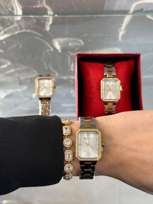 Γυναικείο Παραλληλόγραμμο Ρολόι Δίχρωμο με Ασημί Καντράν & Στρας