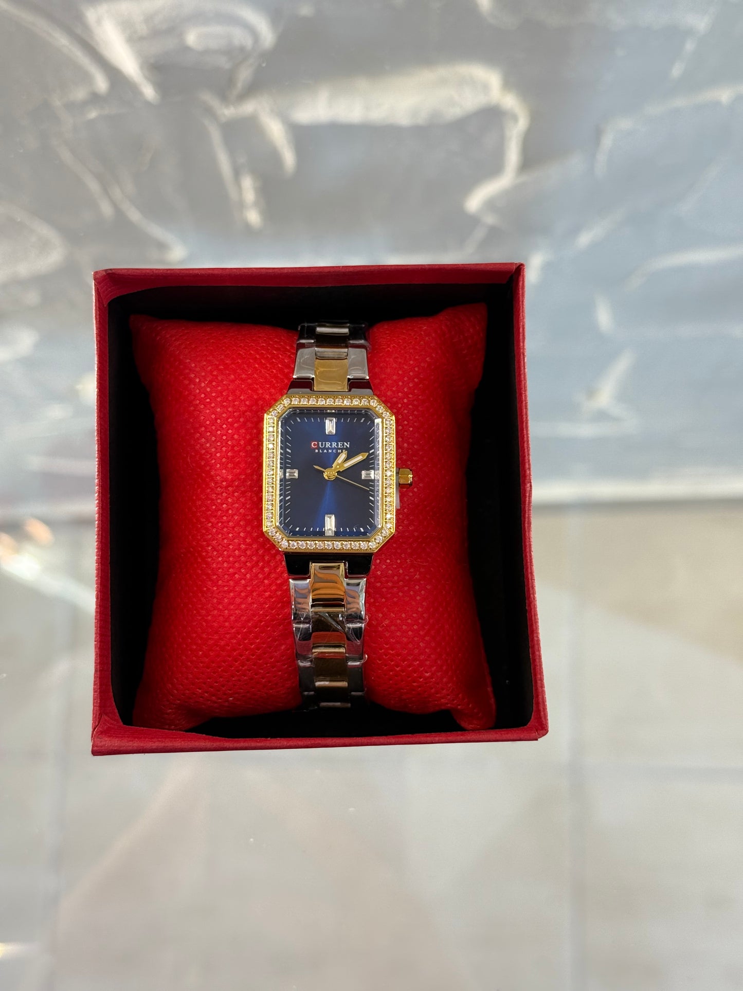 Γυναικείο Παραλληλόγραμμο Ρολόι Δίχρωμο με Μπλε IΚαντράν & Στρας boo