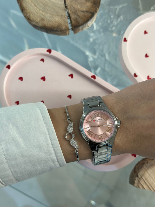 Unisex Στρογγυλό Ρολόι Ασημί με Ροζ Καντράν & Ρωμαϊκούς Αριθμούς