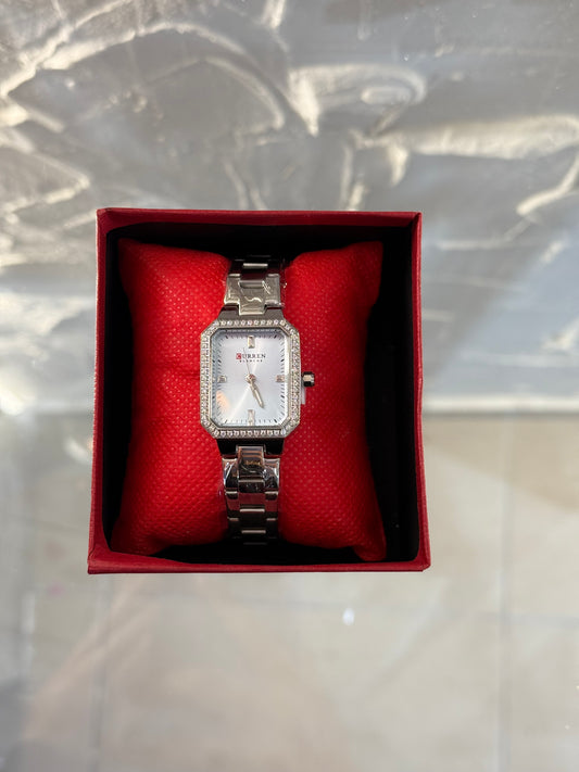 Γυναικείο Παραλληλόγραμμο Ρολόι Ασημί με Ασημί Καντράν & Στρας