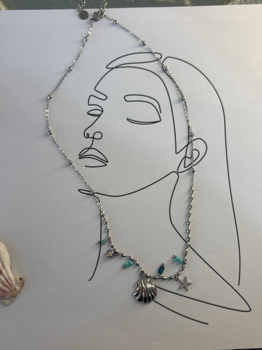 Κολιέ "Ariel's Treasures" – Ατσάλινο με Κοχύλι, Αστερία & Τυρκουάζ Charms, Pnoe Studio