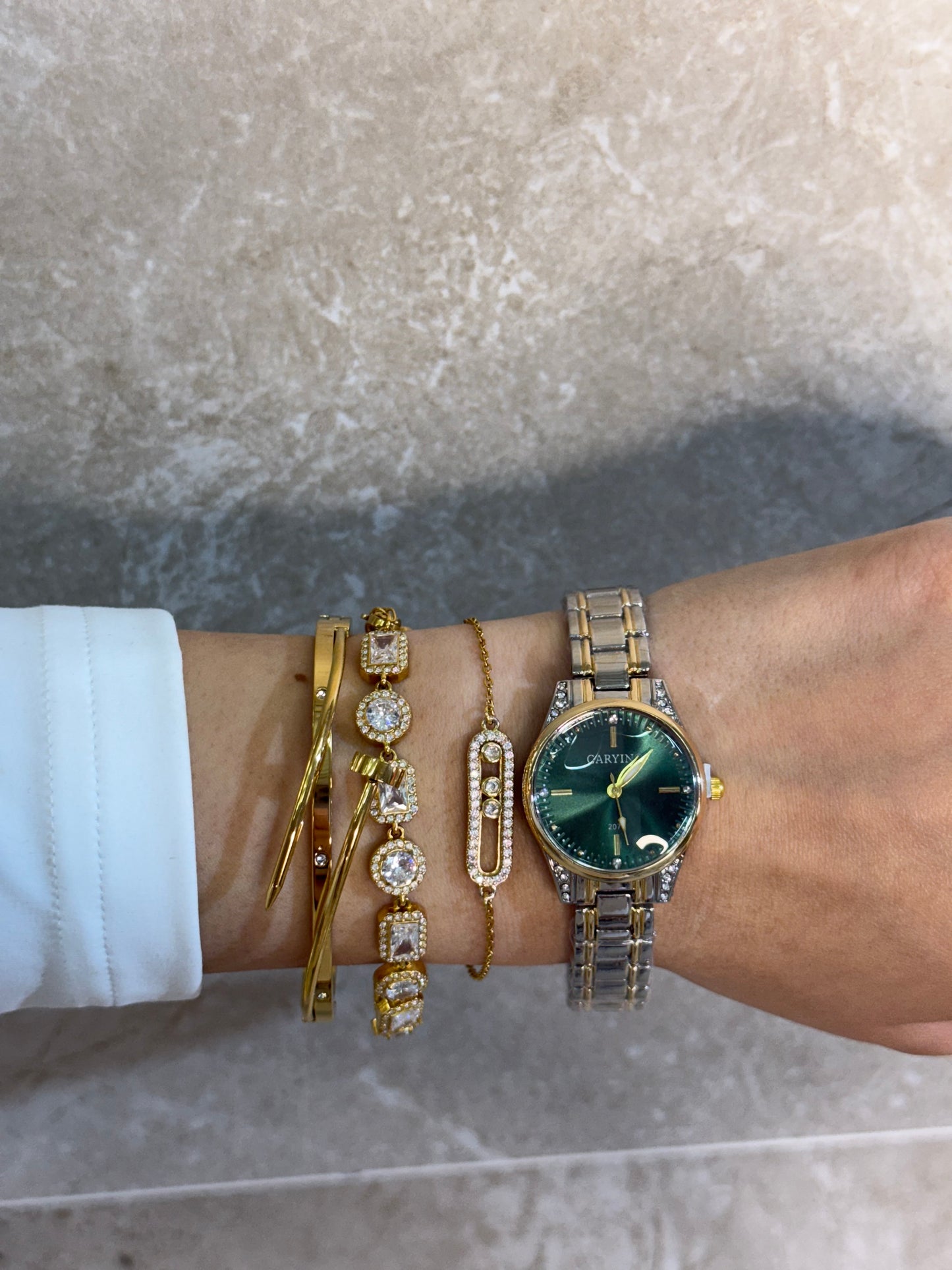 Steel Watch With Gold And Silver And Green