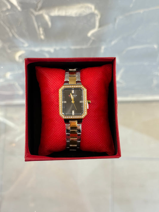 Γυναικείο Παραλληλόγραμμο Ρολόι Δίχρωμο με Μαύρο Καντράν & Στρας