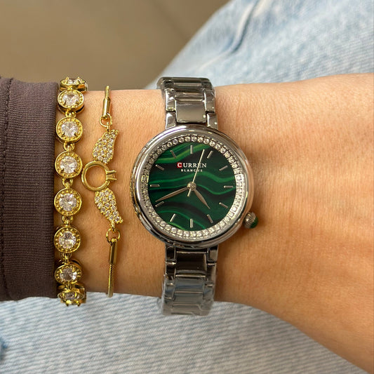 Ρολόι "Emerald Shine" με Πράσινο Καντράν και Ασημί Λουρί | Στρας & Ατσάλινη Κατασκευή