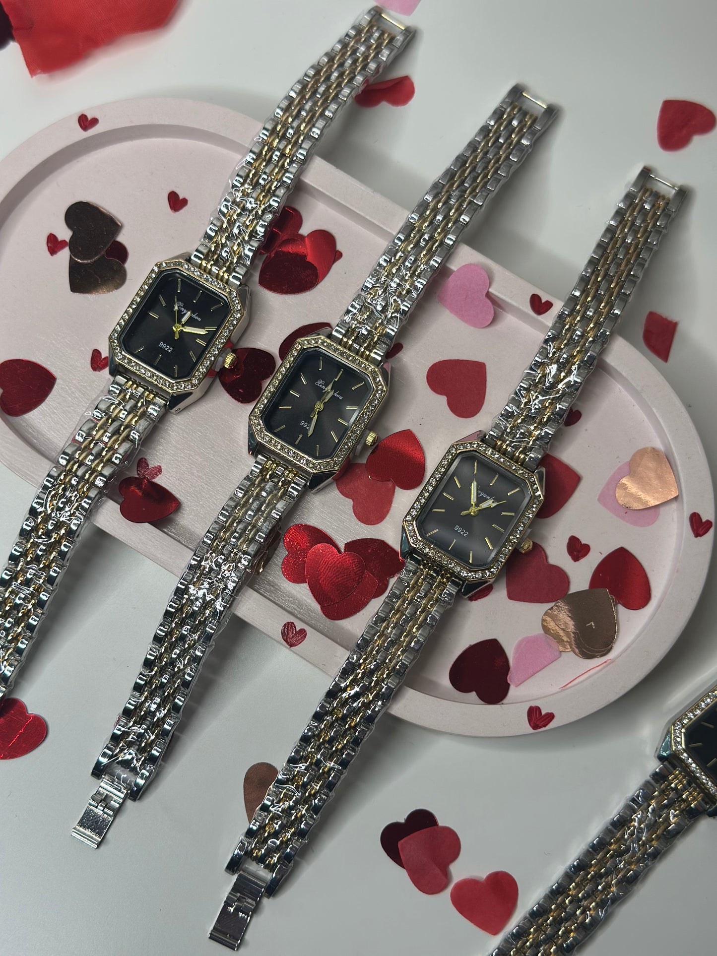Women's Two-Tone Rectangular Watch with Black Dial & Rhinestones
