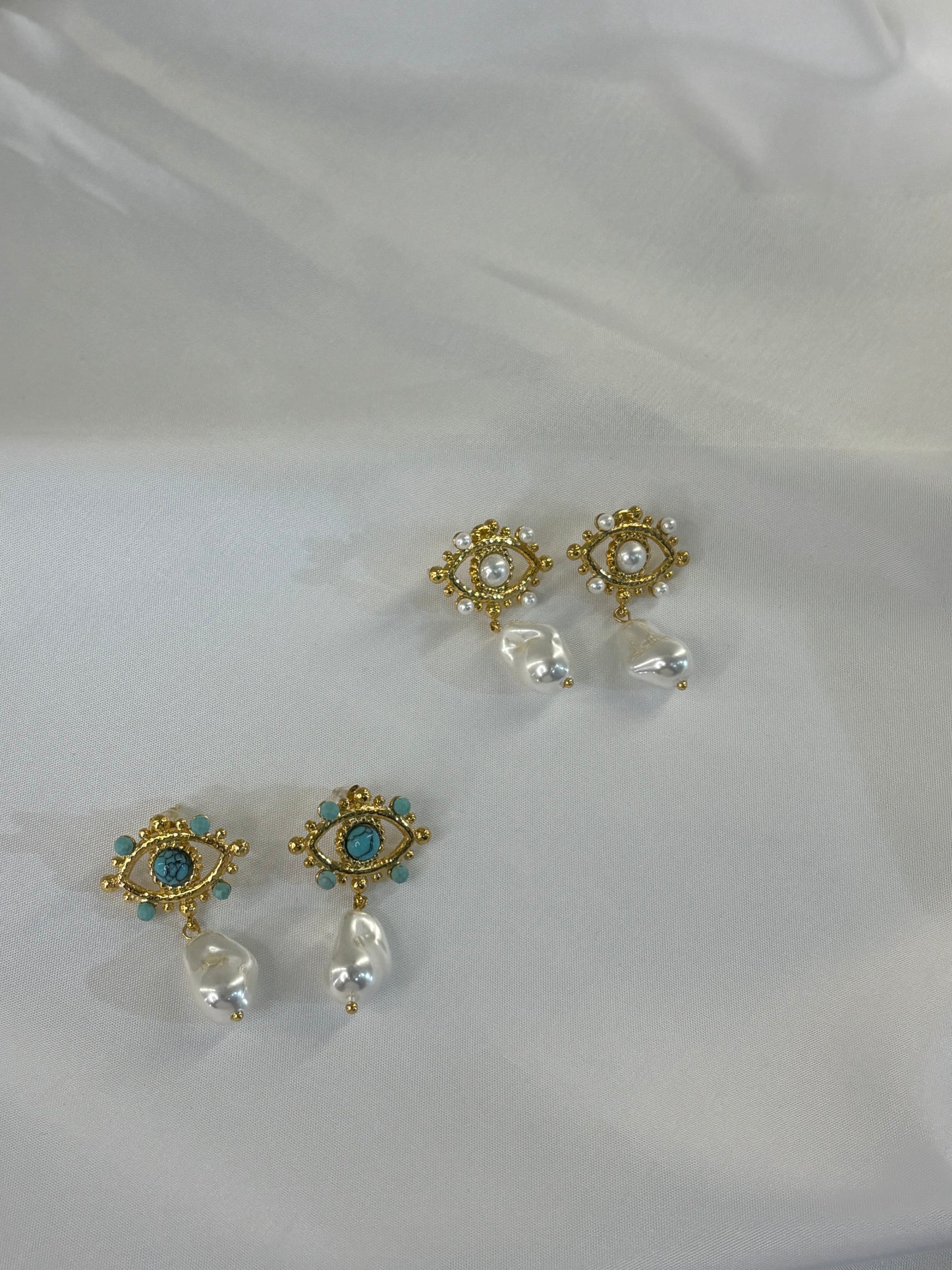 Γυναικεία Σκουλαρίκια Μάτι Χρυσά με Τυρκουάζ & Μαργαριτάρι | Pnoe Studio