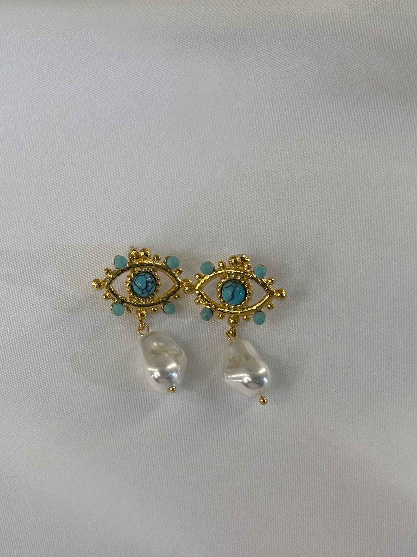 Γυναικεία Σκουλαρίκια Μάτι Χρυσά με Τυρκουάζ & Μαργαριτάρι | Pnoe Studio