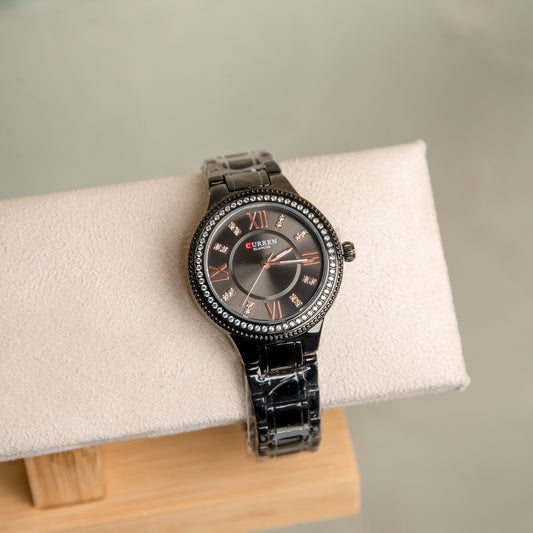 Γυναικείο Ρολόι Curren με Μαύρο Μπρασελέ & Μαύρο Καντράν με Στρας