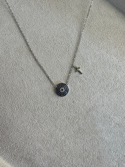 Κολιέ Vision Cross – Μάτι & Σταυρός με Ζιργκόν (Ασημί)