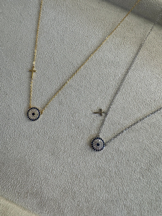 Κολιέ Divine Eye – Μάτι & Σταυρός με Ζιργκόν (Χρυσό ή Ασημί)