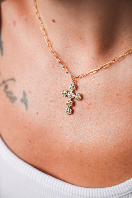 Floral Cross - χρυσό κολιέ stainless steel
