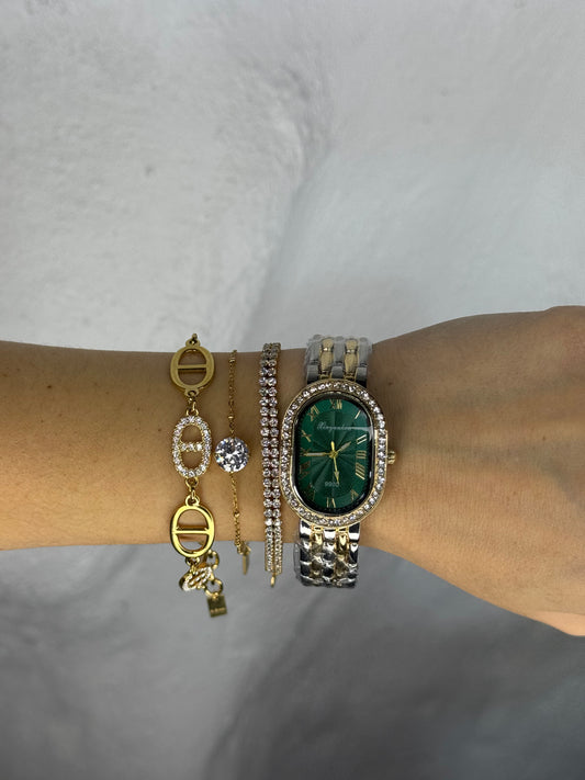 Green Passion / Οβάλ Ατσάλινο Ρολοί Χρυσό Με Ασημί ✨