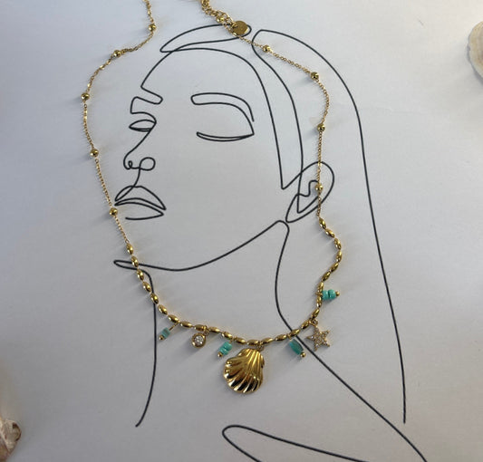 Κολιέ "Ariel's Sunbeam" – Ατσάλινο Χρυσό με Κοχύλι, Αστερία & Τυρκουάζ Charms, Pnoe Studio