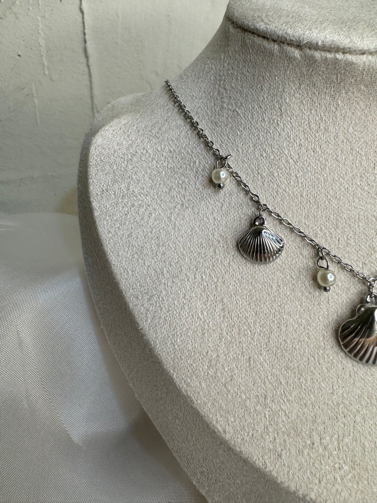 Steel necklace with shells and pearls-Aegean Treasure