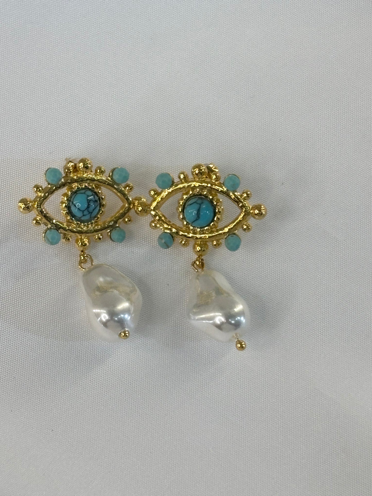 Γυναικεία Σκουλαρίκια Μάτι Χρυσά με Τυρκουάζ & Μαργαριτάρι | Pnoe Studio