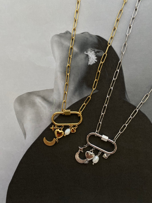 Moon, Heart & Pearl Necklace – Symbols of Love and Light- Stainless Steel