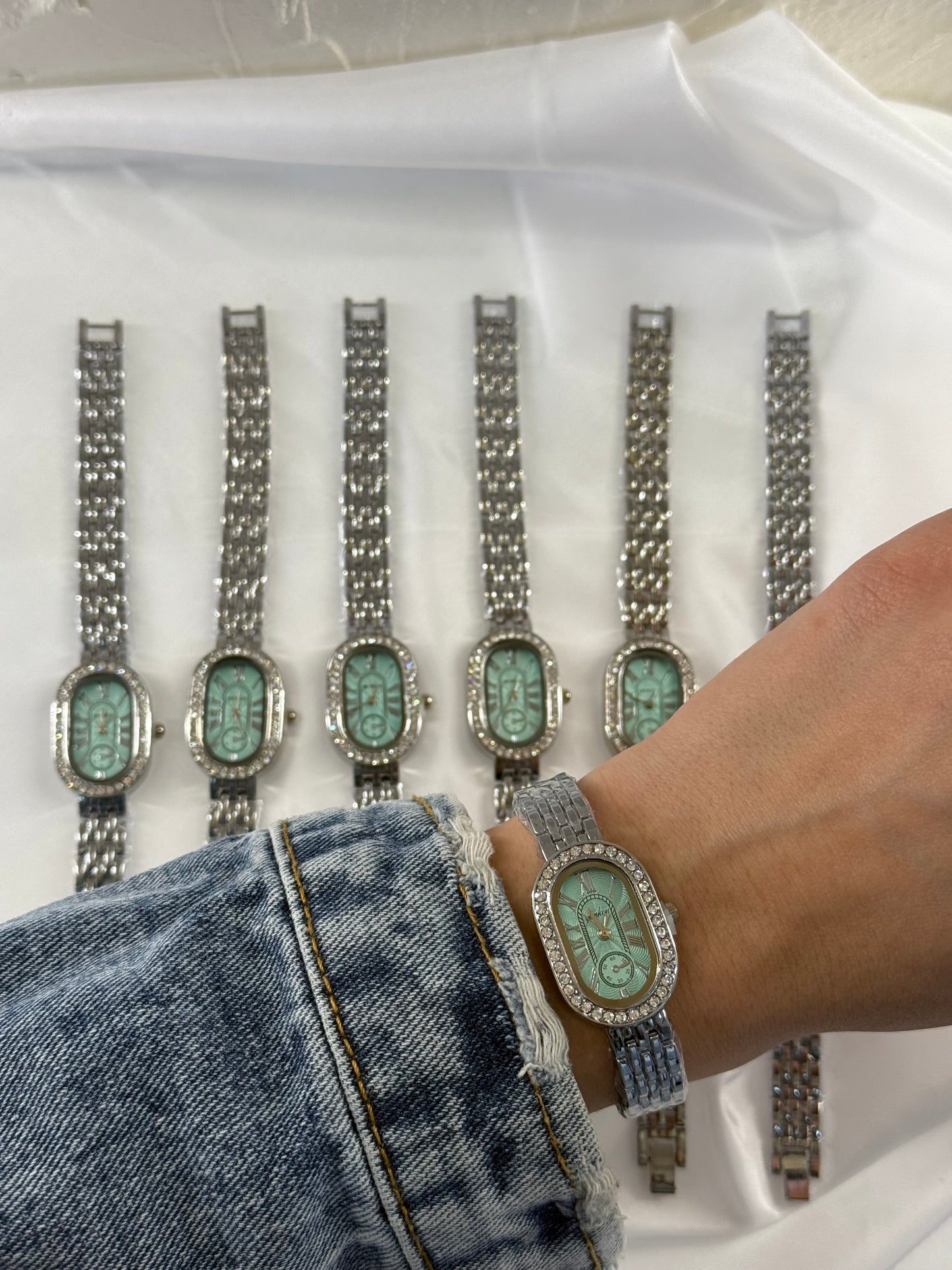 Women's Oval Watch Silver with Green Dial &amp; Rhinestones | Pnoe Studio
