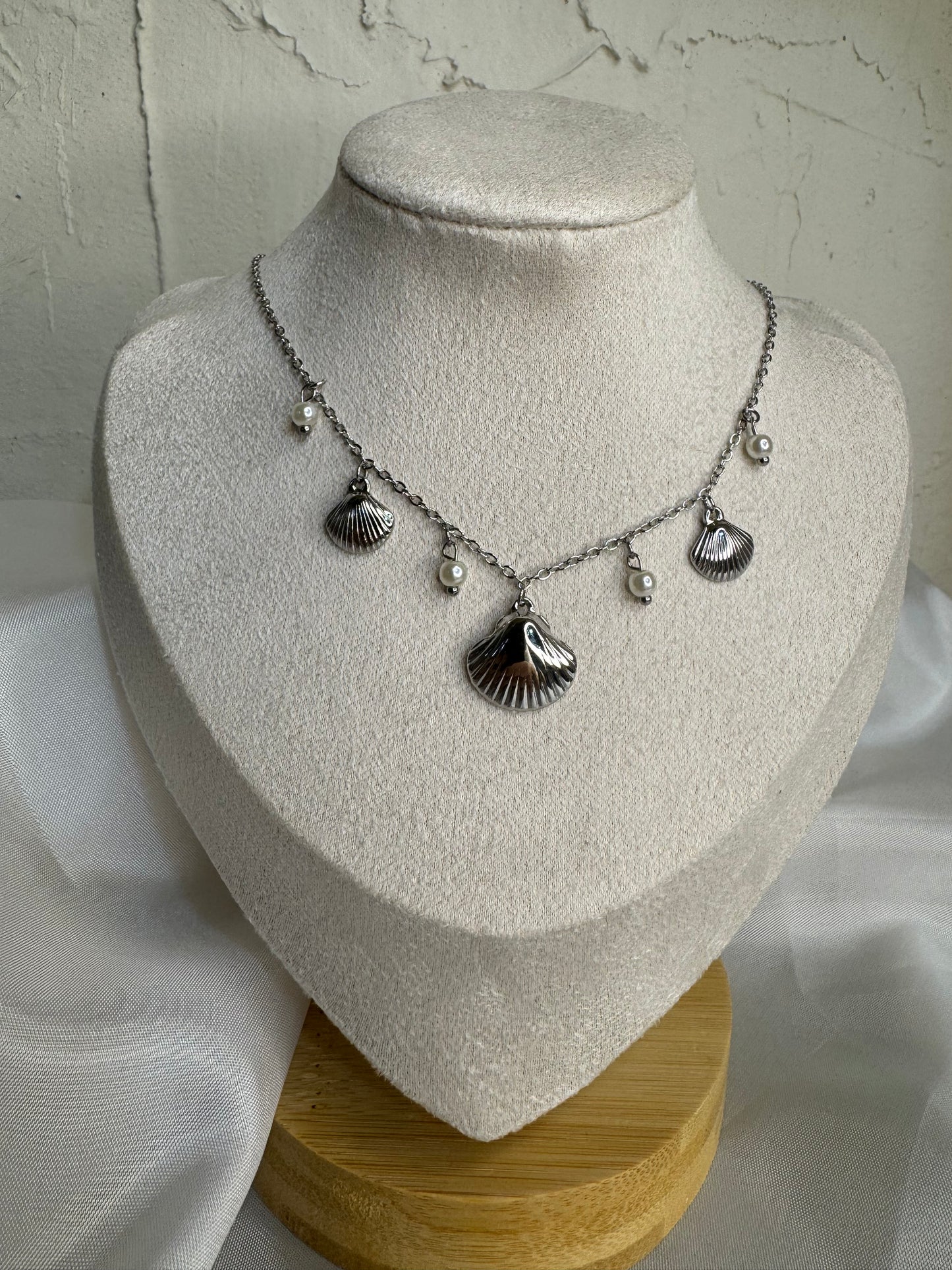Steel necklace with shells and pearls-Aegean Treasure