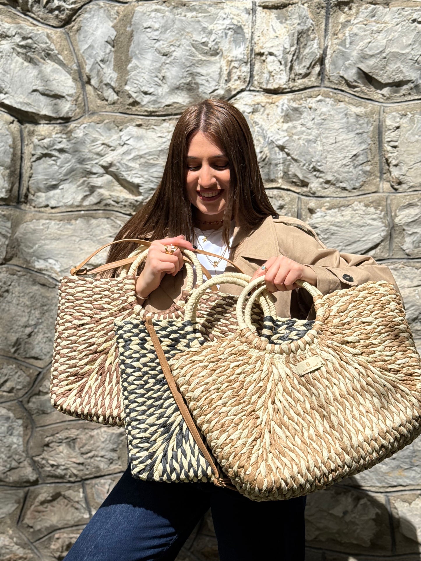 Ψάθινη τσάντα Bag to Bag με καστανές και μπεζ λεπτομέρειες