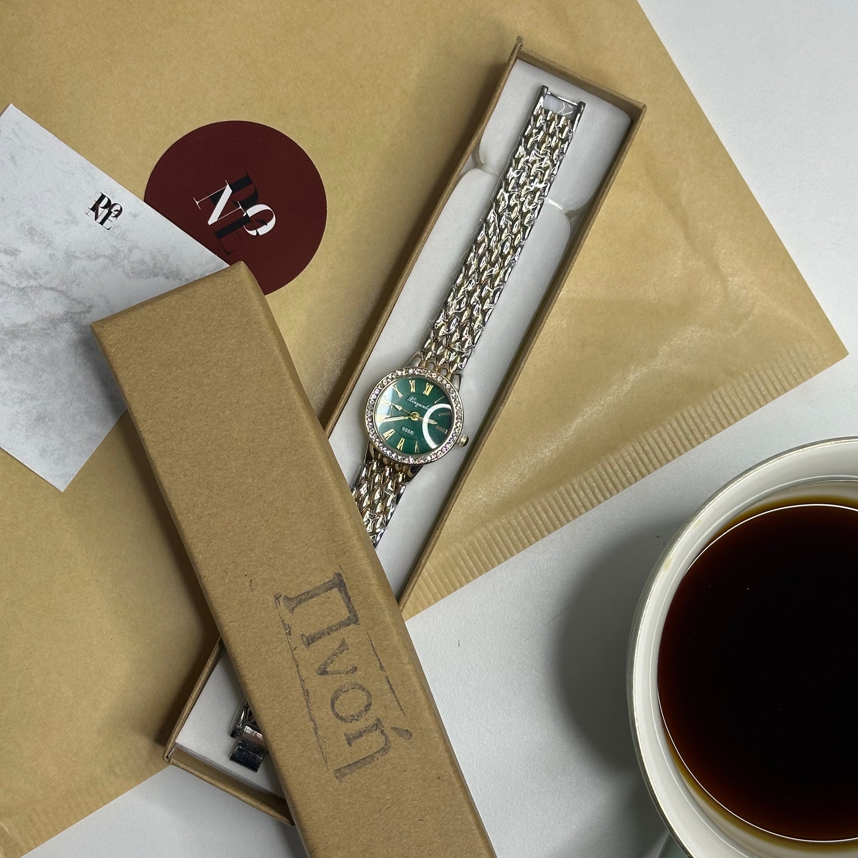 "Green Luxe" Watch with Green Round Dial and Gold-Silver Strap | Steel Construction