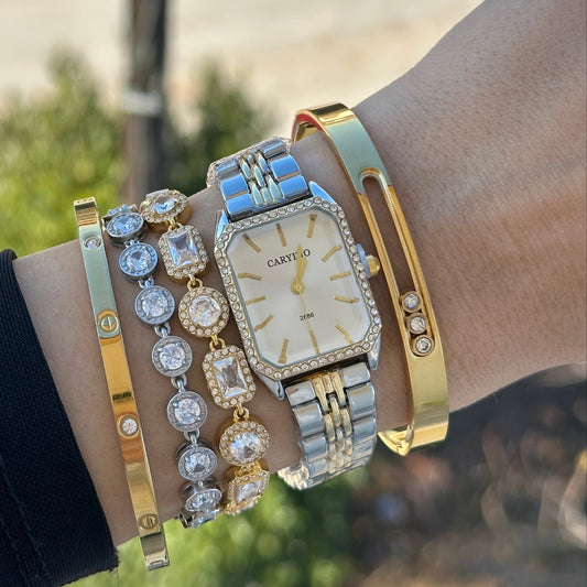 Ρολόι "Golden Square" με Άσπρο Τετραγωνικό Καντράν και Ασημί με Χρυσό Λουρί | Ατσάλινη Κατασκευή με