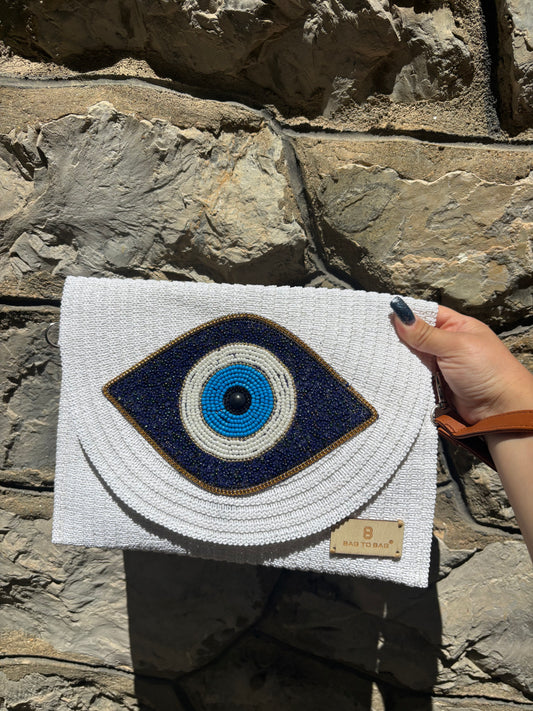 "Blue Gaze" – Λευκή τσάντα Clutch με Μάτι