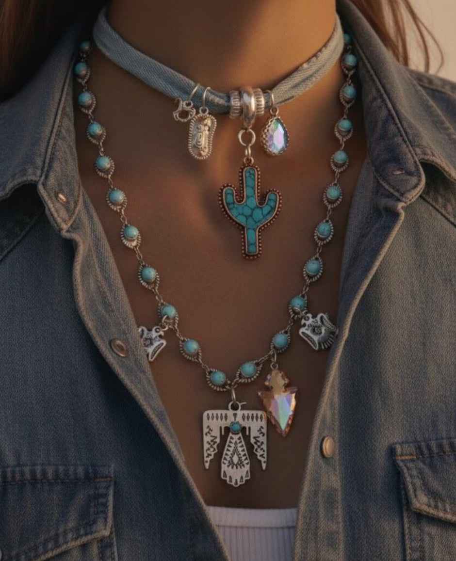 Kythnos Cactus Denim - Χειροποίητο κολιέ (Διαθέσιμο με Προπαραγγελία)