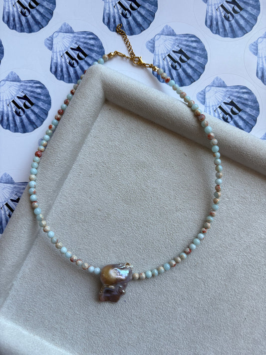 “Luna Mare” Ατσάλινο κολιέ handmade by kika με Αληθινό μαργαριτάρι