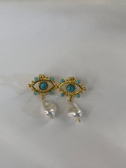 Γυναικεία Σκουλαρίκια Μάτι Χρυσά με Τυρκουάζ & Μαργαριτάρι | Pnoe Studio