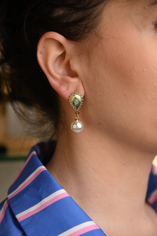 Turquoise Pearl Drop – Σκουλαρίκι από Ατσάλι με Τιρκουάζ Πέτρα & Πέρλα