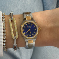 "Midnight Luxe" Watch with Dark Blue Round Dial and Gold-Silver Strap | Steel Construction