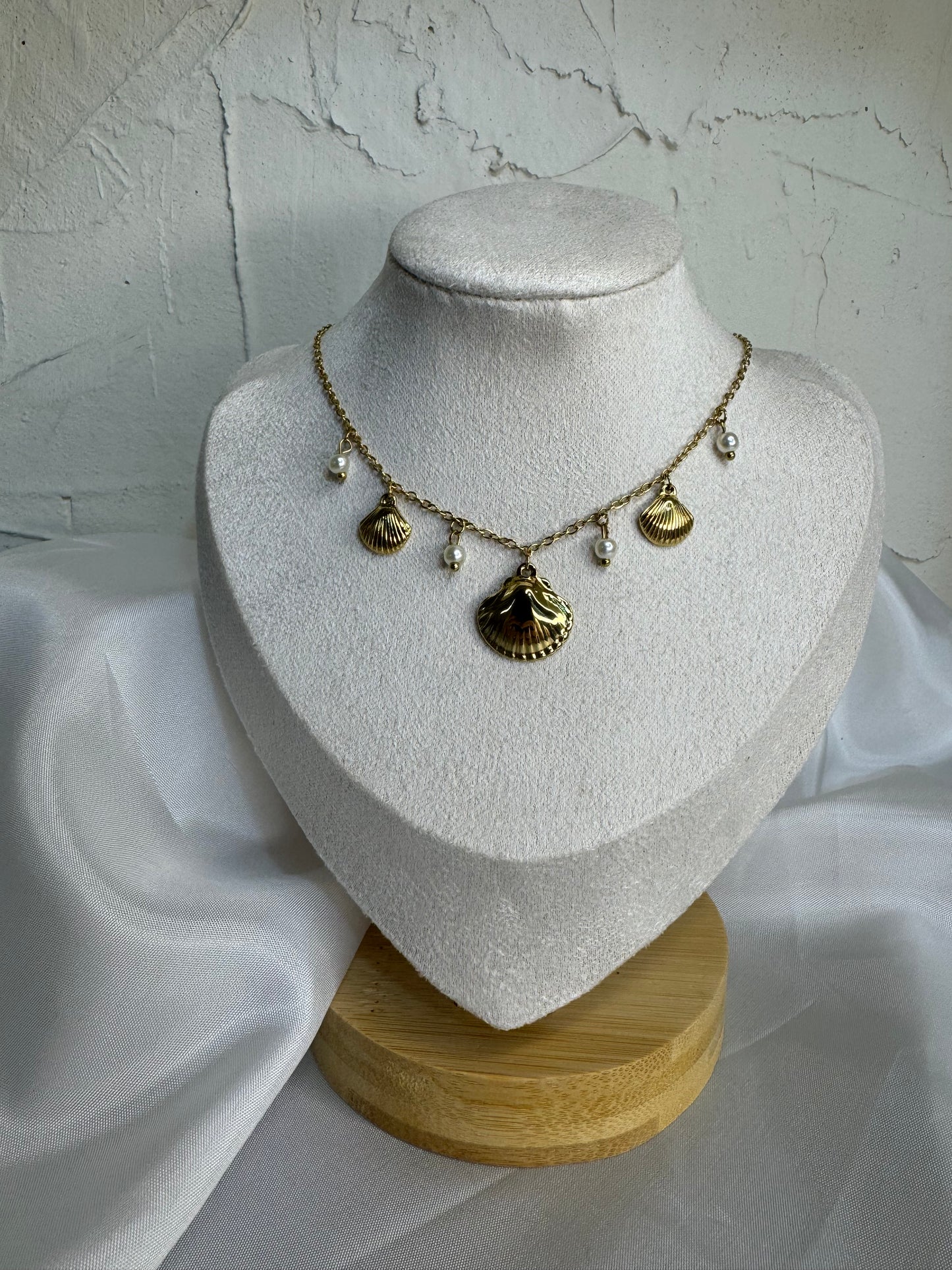 Steel necklace with shells and pearls-Aegean Treasure