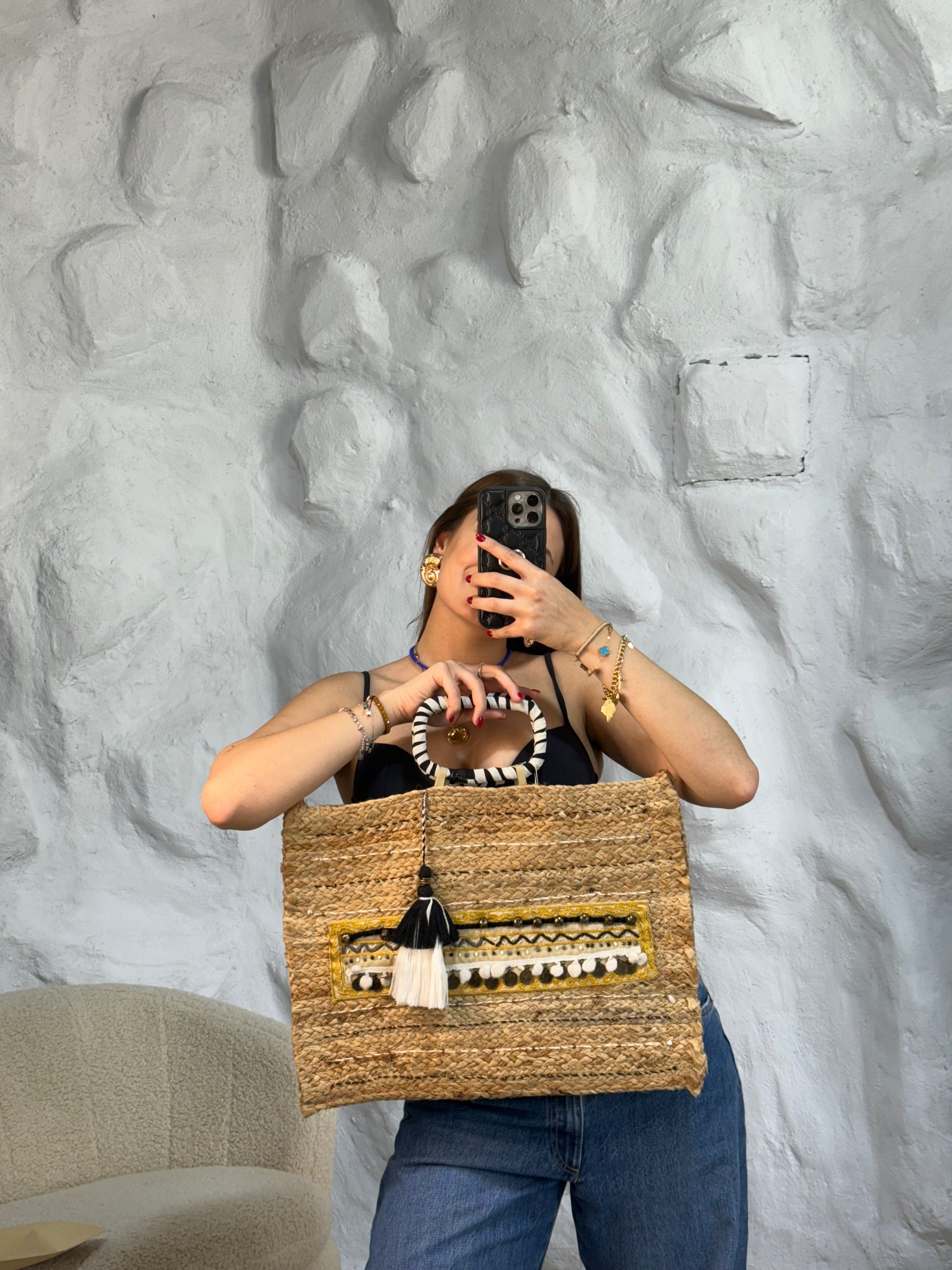 Hydra Boho Handmade Bag with Fringes &amp; Wooden Handle | Pnoe Studio