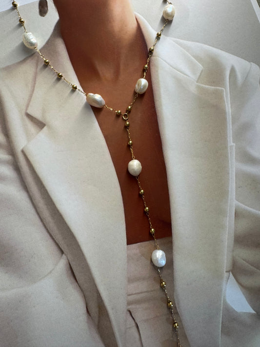 CRAVATE DE PERLES – Χρυσό Κολιέ με Πέρλες stainless steel