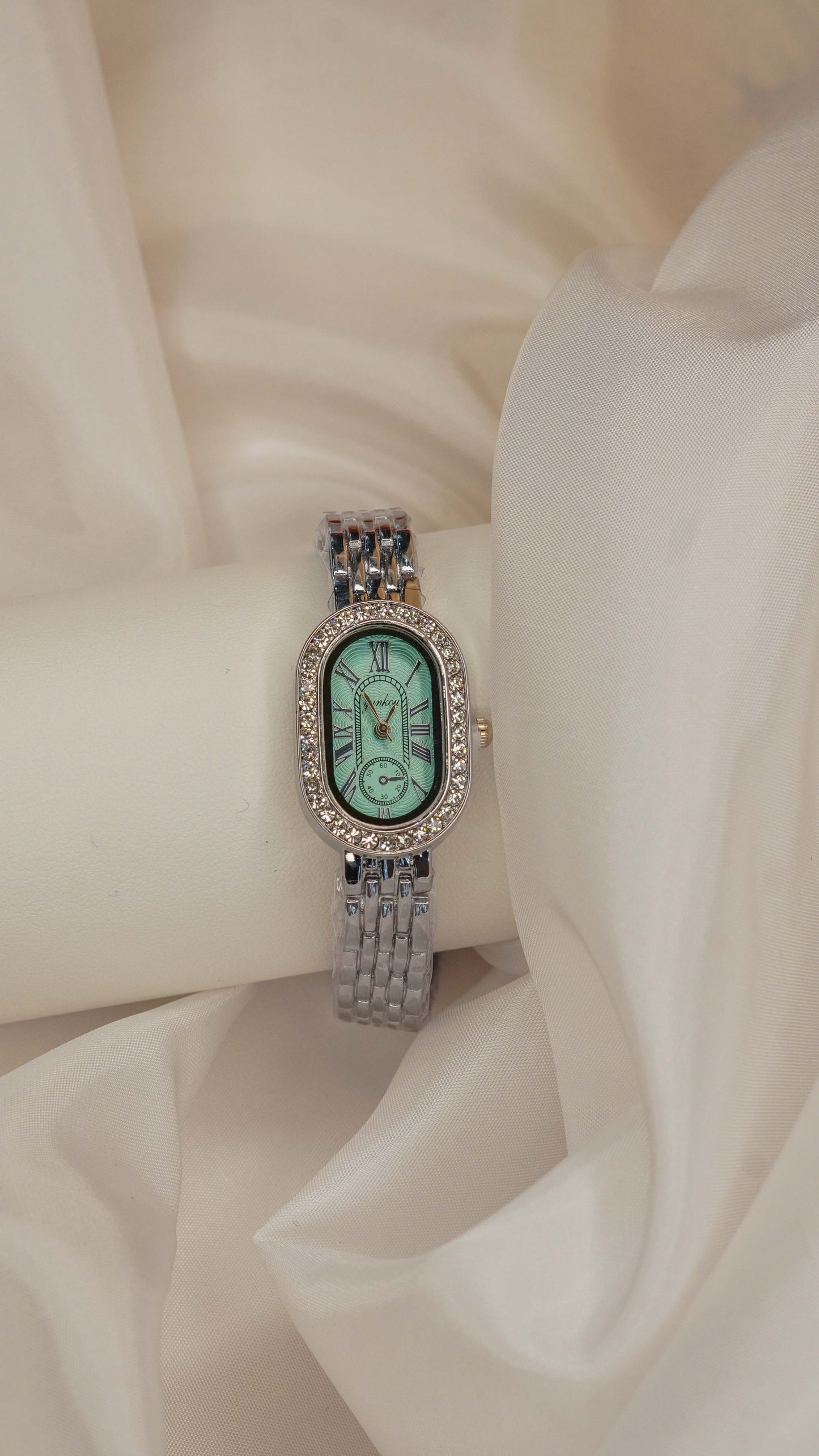 Women's Oval Watch Silver with Green Dial &amp; Rhinestones | Pnoe Studio
